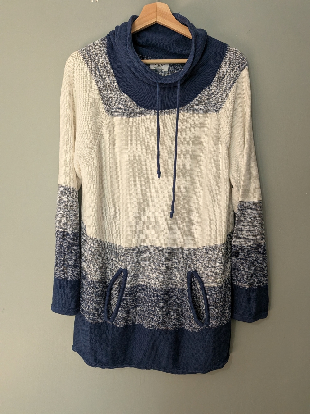 Neon Buddah Women’s Navy Cream Knit Cowl Neck Sweater Tunic Boho Knit Lagenlook